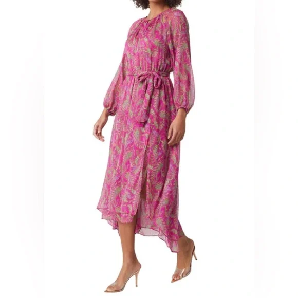 MISA Los Angeles Leila Fuchsia Paisley Chiffon Midi Dress | XS (Fits Small) - Picture 2 of 8